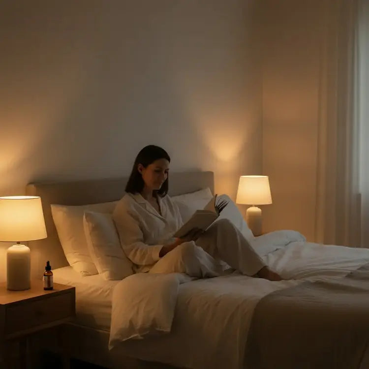"Woman reading in bed by lamplight — Calm & Sleep mushroom supplements"