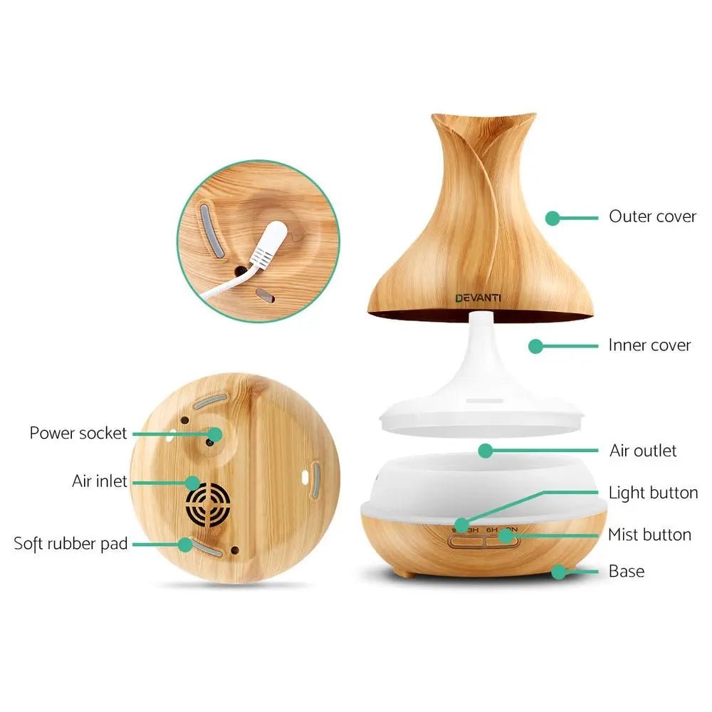 Devanti Aroma Diffuser Aromatherapy Light Wood 400ml - Appliances > Aroma Diffusers & Humidifiers > Aroma Diffusers - valley-botanicals.com